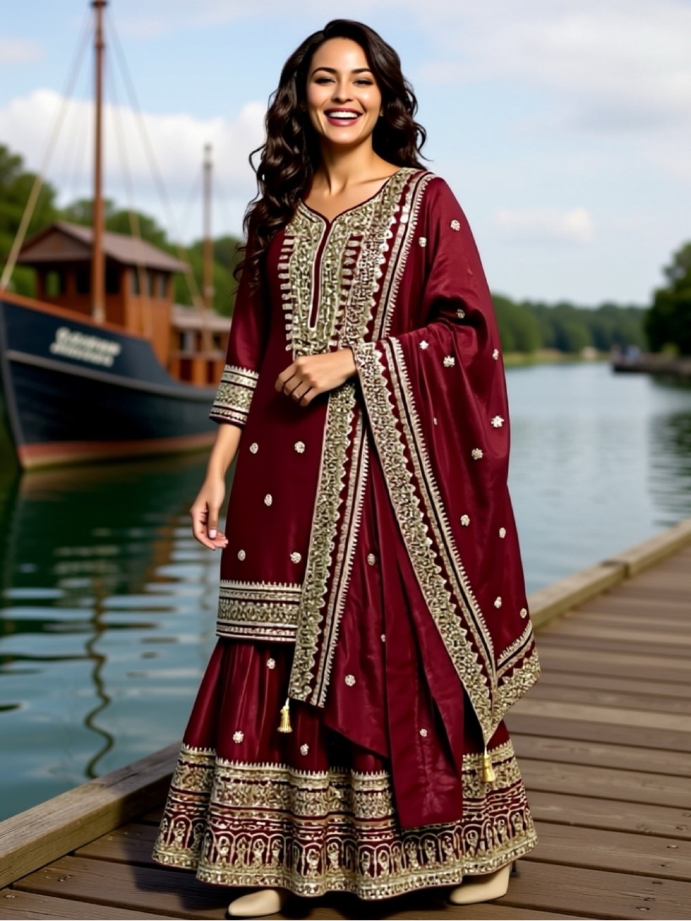 Maroon Embroidered Palazzo Suit with Gold Accents